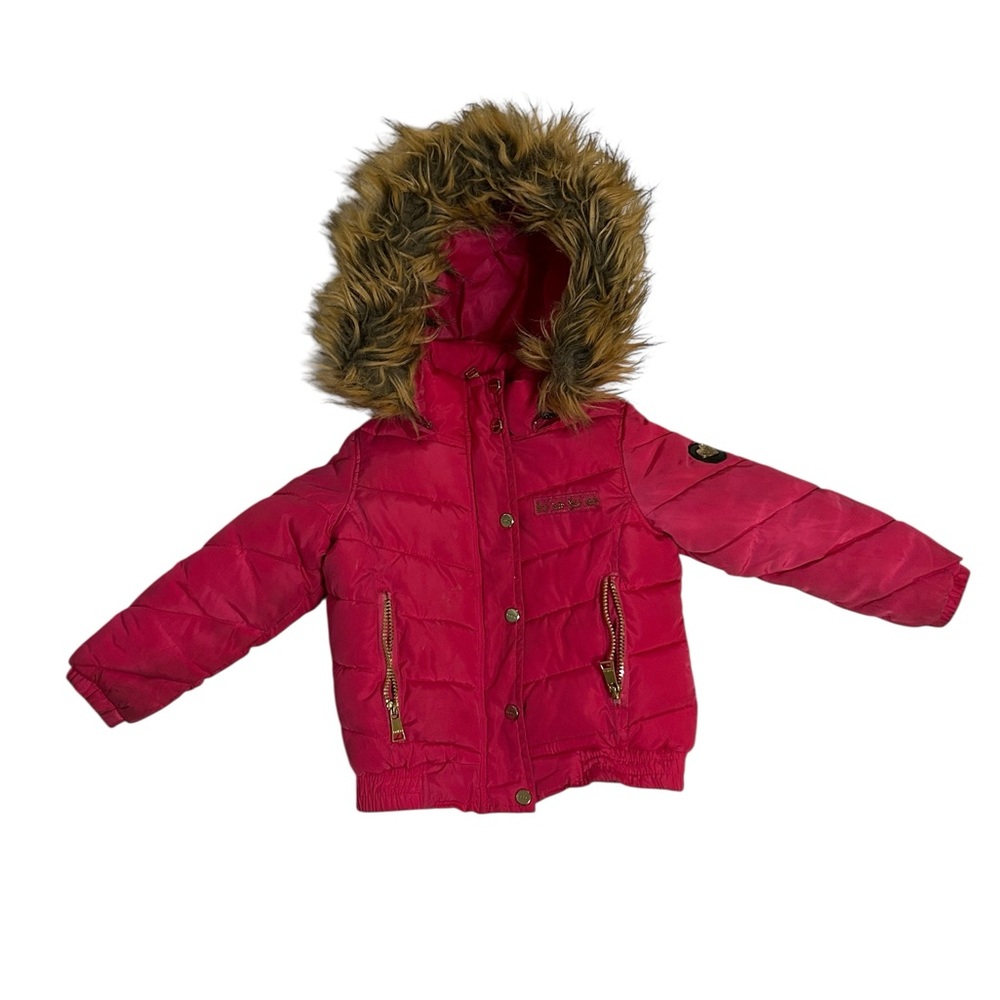 Y2K Bebe Toddler Size 4 Magenta Puffer Jacket Faux Fur Hood Bomber Style Coat